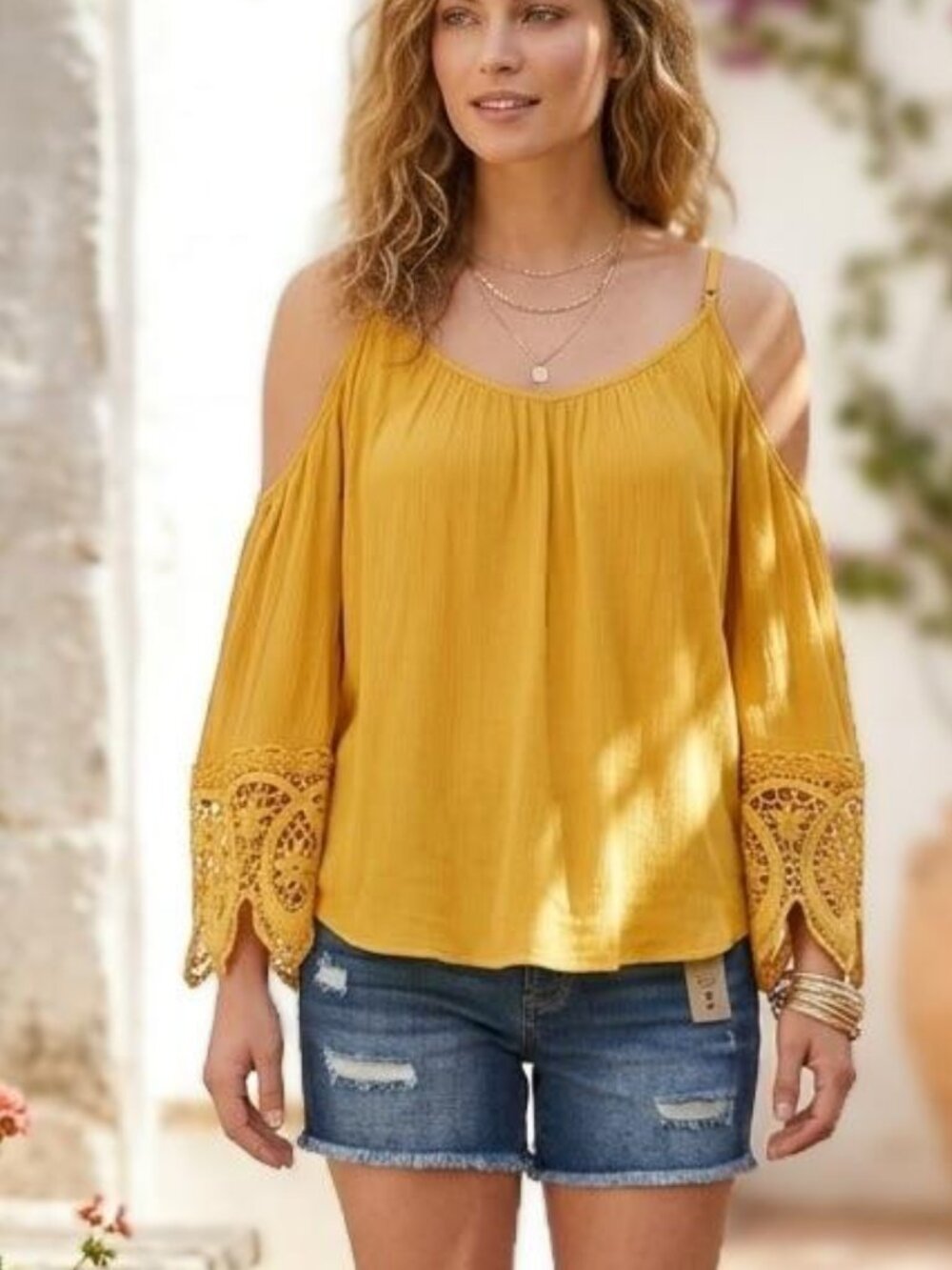 Ambiance Mustard Yellow Cold Shoulder Lace Cuff Blouse Small